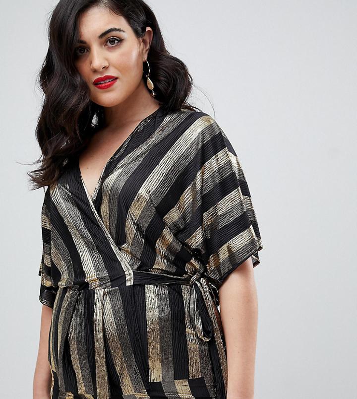 Flounce London Plus Wrap Top With Soft Pep Hem In Gold Metallic Stripe - Black