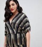 Flounce London Plus Wrap Top With Soft Pep Hem In Gold Metallic Stripe - Black