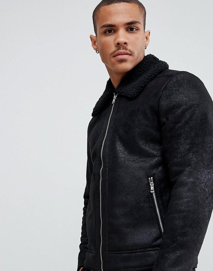 Jack & Jones Originals Faux Leather Flight Jacket With Full Teddy Lining-black