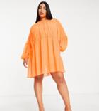 Asos Design Curve Oversized Mini Smock Dress With Gathered Waist In Neon Orange