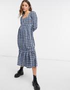 New Look Square Neck Smock Midi Dress In Blue Check-blues