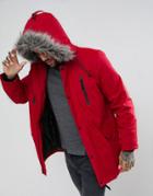 New Look Parka With Faux Fur Hood In Red - Red