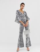 Prettylittlething Flared Sleeve Jumpsuit In Gray Snake - Tan