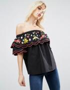 Asos Off Shoulder Cotton Top With Floral Embroidery - Black