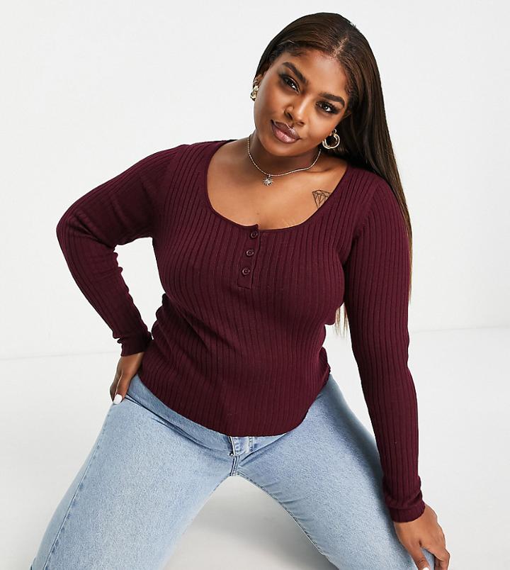 Asos Design Curve Sweater With Scoop Neck And Button Placket In Dark Red