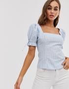 Asos Design Short Sleeve Square Neck Top In Seersucker Gingham Print - Multi