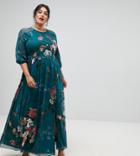 Little Mistress Plus Long Sleeve Maxi Dress In Floral Print - Multi