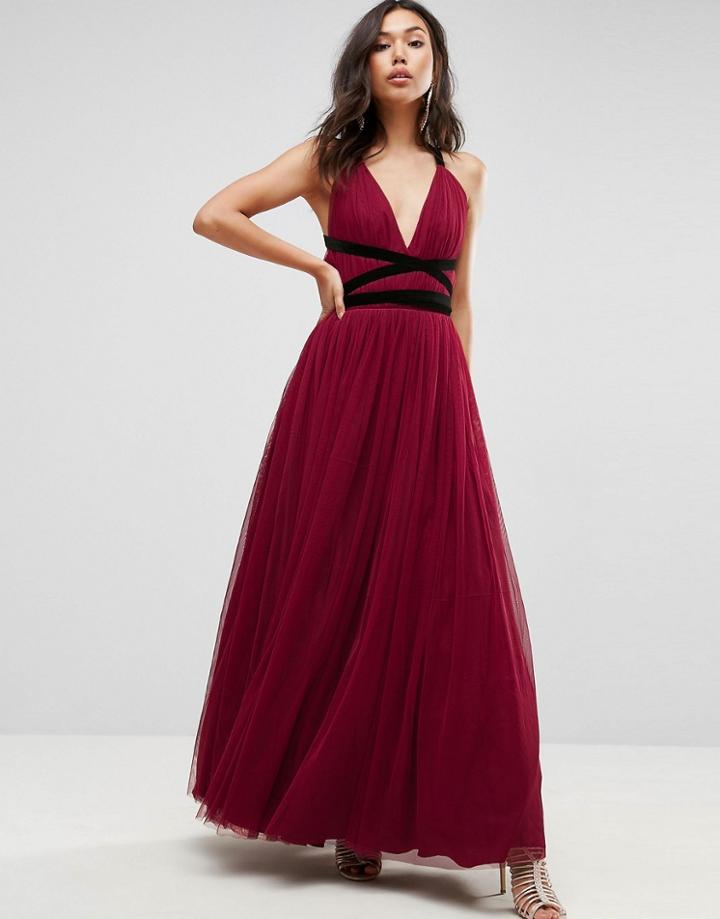 Asos Premium Tulle Maxi Prom Dress With Velvet Ties - Red