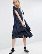 Asos White Stripe Frill Layered Midi Dress - Multi