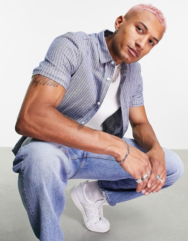 Topman Stripe Denim Shirt In Blue-blues
