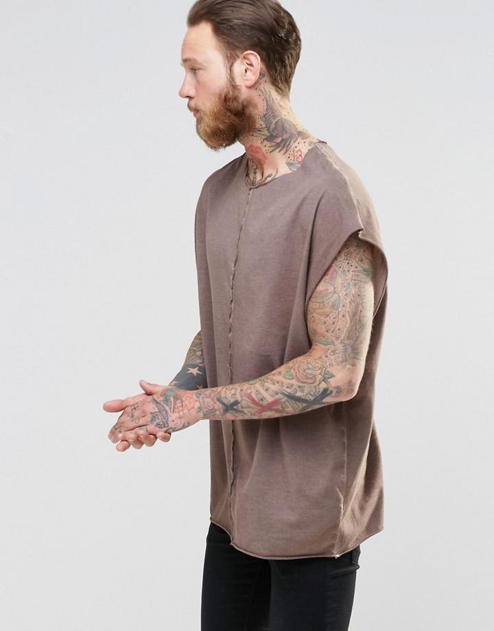 Asos Super Oversized Sleeveless T-shirt With Oil Wash And Popped Seam In Rust - Hot Cinder