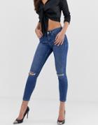 Asos Design Lisbon Mid Rise Jeans In Mid Wash With Frayed Knee Rips - Blue