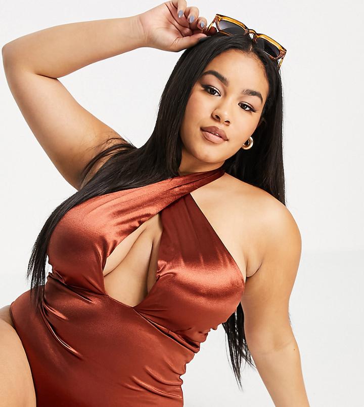Asos Design Curve Cross Neck Swimsuit In Brown