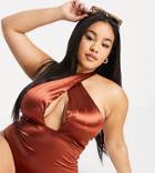 Asos Design Curve Cross Neck Swimsuit In Brown