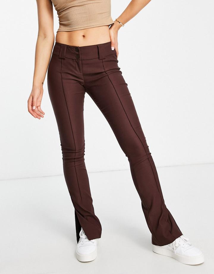 Topshop Bengaline Double Button Low Rise Flare Pants In Chocolate-brown