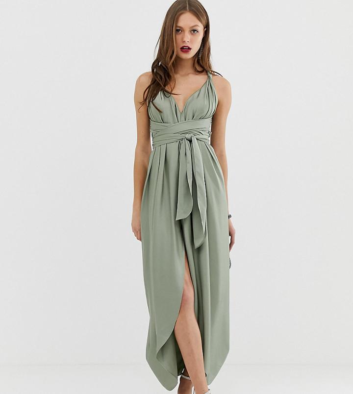Asos Design Maxi Dress With Wrap Waist With Horn Detail In Satin - Green