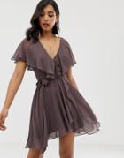 Asos Design Mini Dress With Cape Back And Dipped Hem-purple