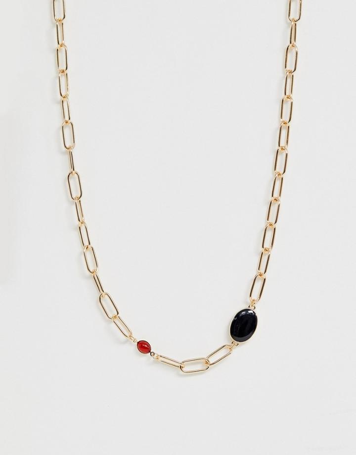Asos Design Necklace In Hardware Chain With Faux Stone And Pearl Details In Gold Tone - Gold