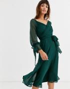 Asos Design Midi Dress With Layered Skirt And Wrap Waist With Lace Trim Detail-green
