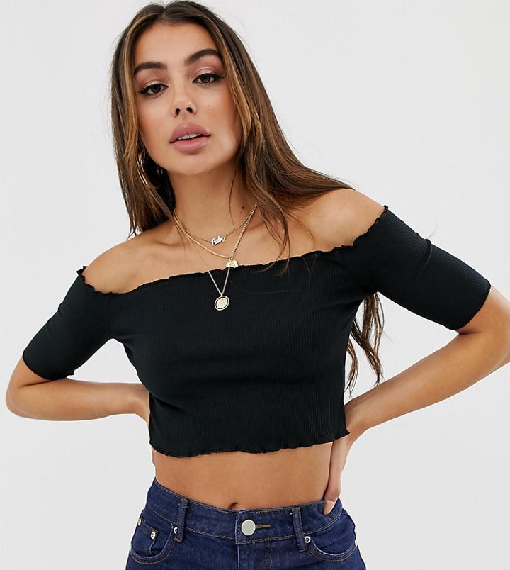 Prettylittlething Basic Frill Edge Short Sleeve Bardot Top - Black