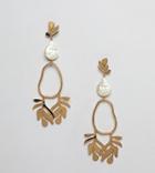 Asos Design Gold Plated Earrings In Abstrast Leaf Design With Faux Fresh Water Pearl - Gold