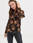 New Look Frill Edge Top In Floral Print-brown