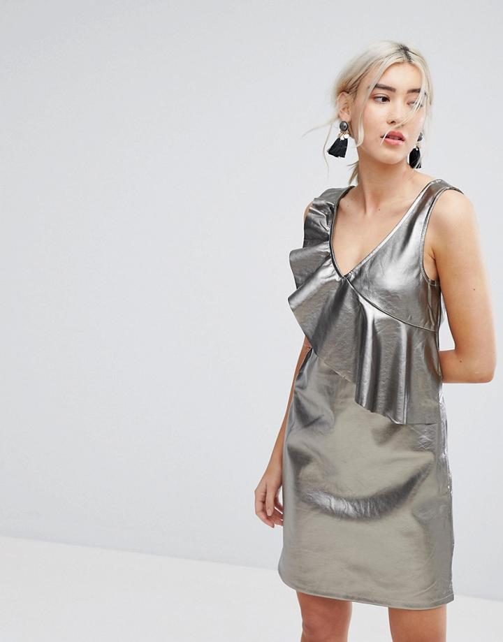 Vila Metallic Shift Dress With Frill Detail - Gray