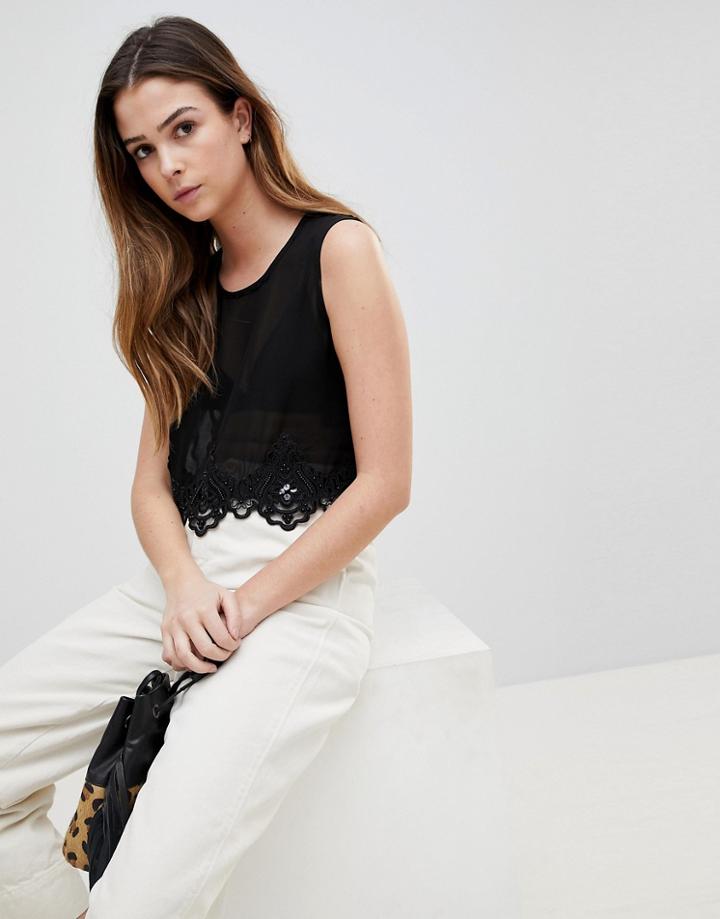 Qed London Crochet Trim Crop Top - Black