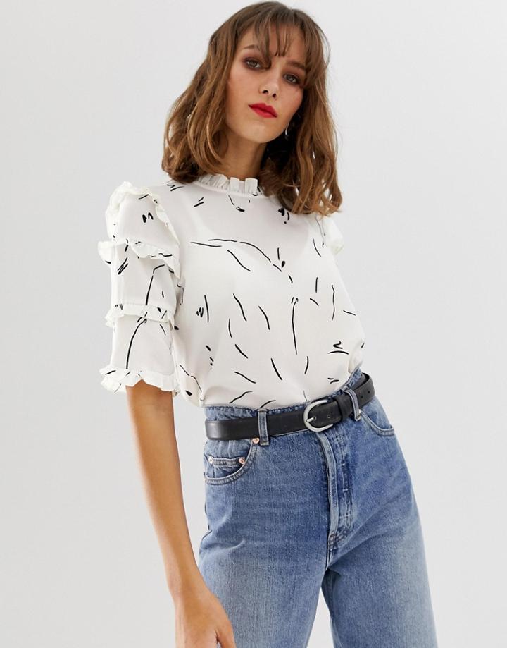 Vero Moda Abstact Printed Micro Ruffle Sleeve Blouse - White