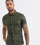 Asos Design Tall Skinny Short Sleeve Shirt With Button Down Collar In Khaki