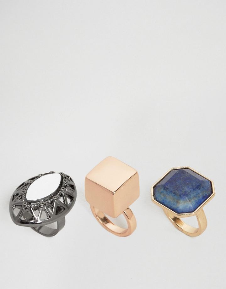 Asos Pack Of 3 Statement Chunky Stone Ring - Multi