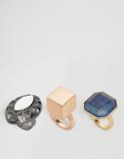 Asos Pack Of 3 Statement Chunky Stone Ring - Multi