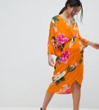 Asos Design Maternity Kimono Midi Dress In Bold Floral Jacquard - Multi