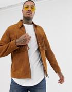 Asos Design Suede Zip Through Jacket With Tassels In Tan