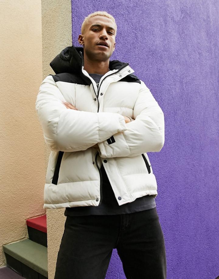 Asos Unrvlld Spply Puffer Jacket With Color Block Panel In Ecru-white
