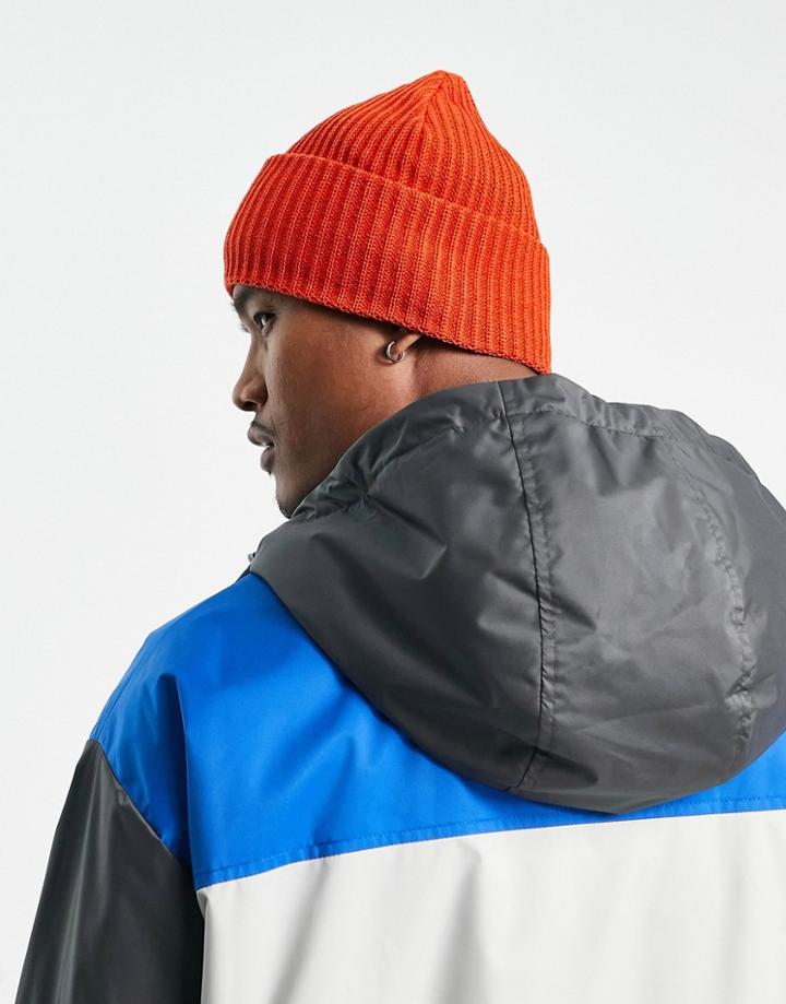 Asos Design Rib Beanie With Deep Turn Up In Orange