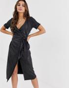 Asos Design Faux Leather Midi Wrap Dress - Black