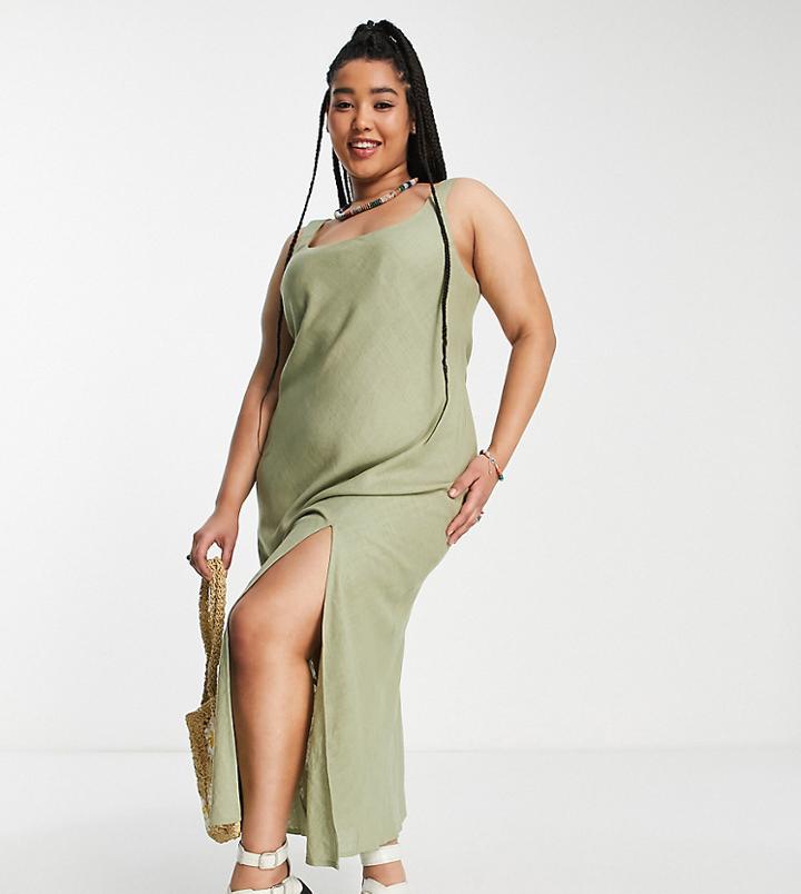 Asos Design Curve Linen Scoop Neck Maxi Sundress With A Split In Khaki-green
