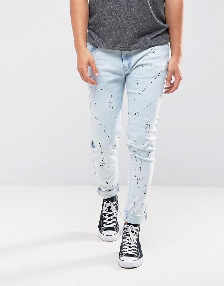 Liquor & Poker Skinny Jeans Ink Splatter Bleached Wash - Blue