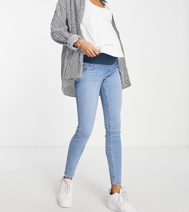 Asos Design Maternity Low Rise 'ridley' Skinny Jeans In Midwash-blue