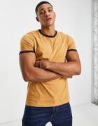 Asos Design T-shirt In Tan With Navy Contrast Ringer-brown