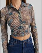 Bershka Checkerboard Floral Detail Shirt In Blue-multi