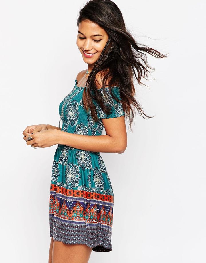 Asos Off Shoulder Sheered Scarf Print Romper - Multi