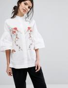 Neon Rose Collarless Shirt With Wide Sleeves And Delicate Embroidery - Gray