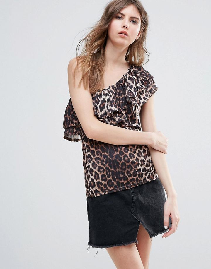 Ichi One Shoulder Frill Sleeve Leopard Print Top - Multi