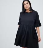 Asos Design Curve Cotton Slubby Frill Sleeve Smock Dress-black