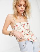 Topshop Mini Red Rose Square Neck Cami In Ivory-white