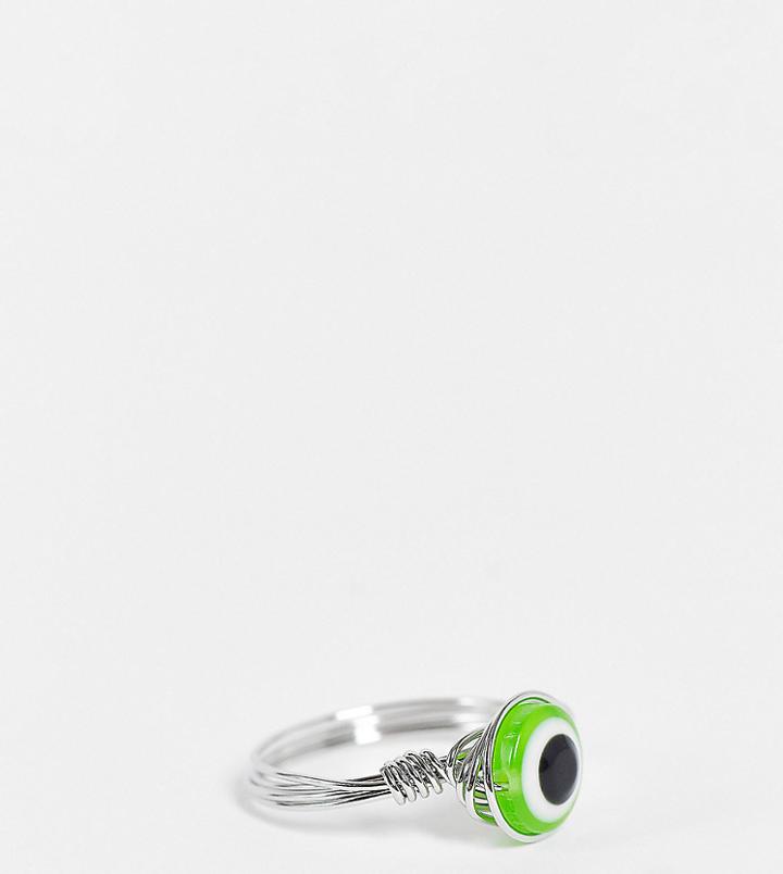 Asos Design Curve Ring In Wire Design With Green Eye In Silver Tone