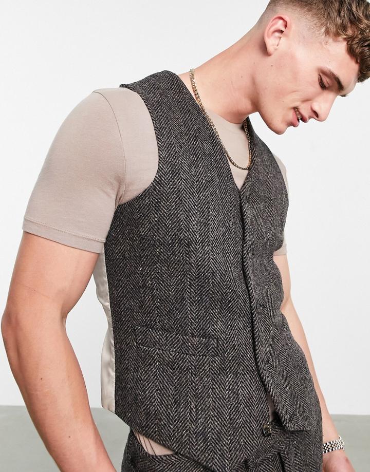 Asos Design Harris Tweed 100% Wool Slim Suit Vest In Brown Herringbone