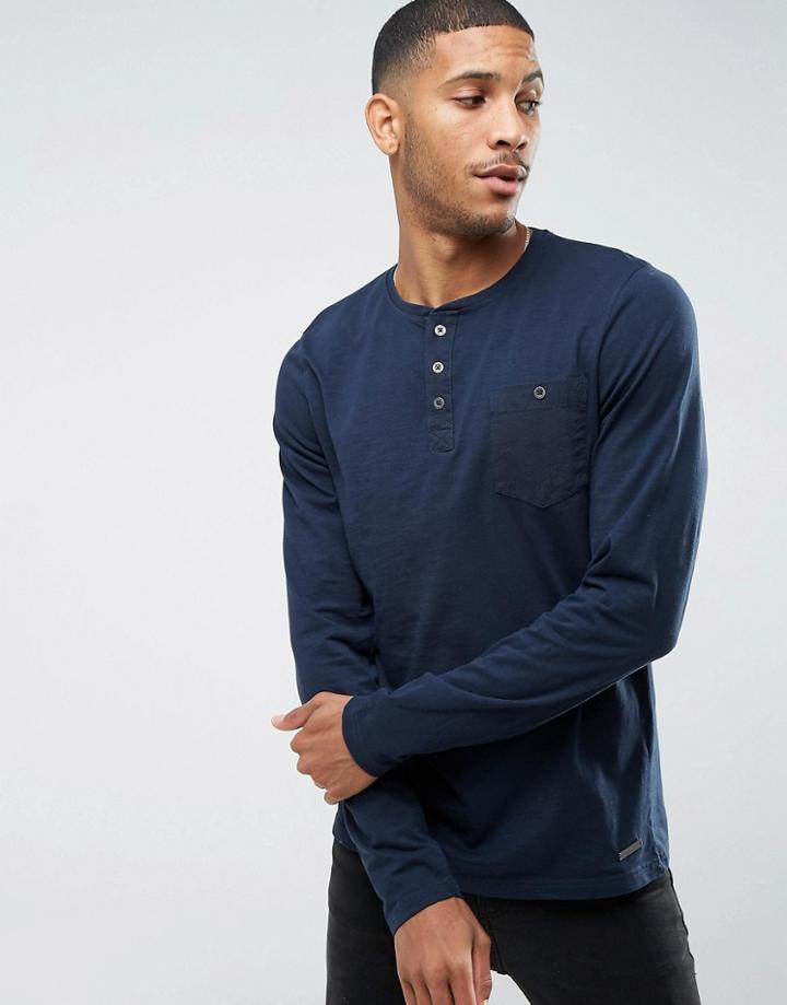 Brave Soul Grandad Slub Long Seeve Top With Pocket - Navy